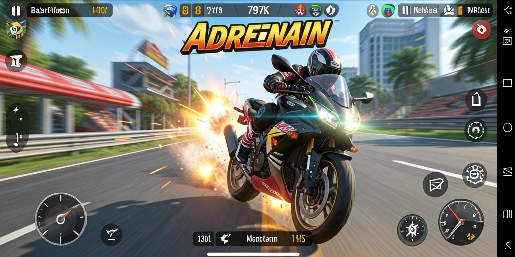 Screenshot gameplay dari 797K menampilkan aksi balapan motor yang mendebarkan.