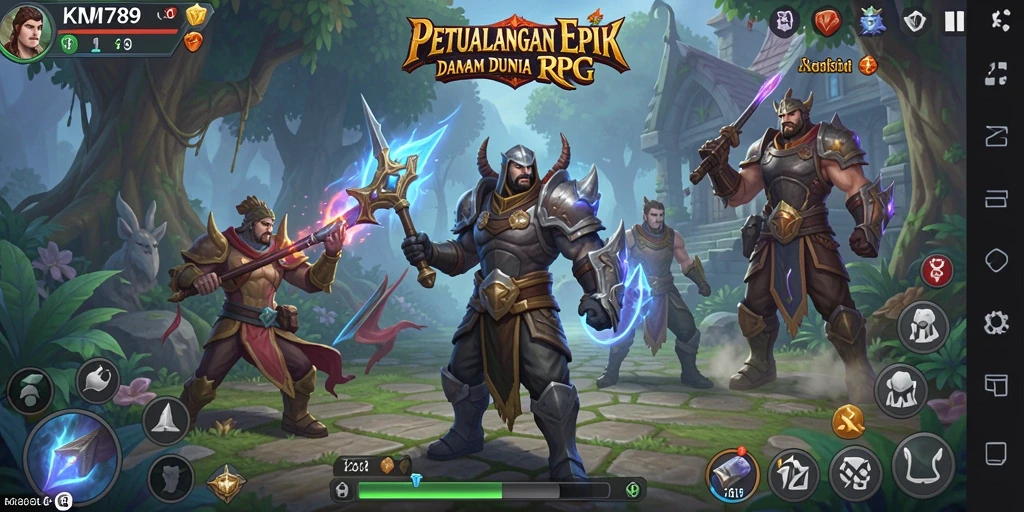 Screenshot gameplay <strong>KM789</strong> yang menunjukkan aksi pertempuran epik dan eksplorasi dunia.