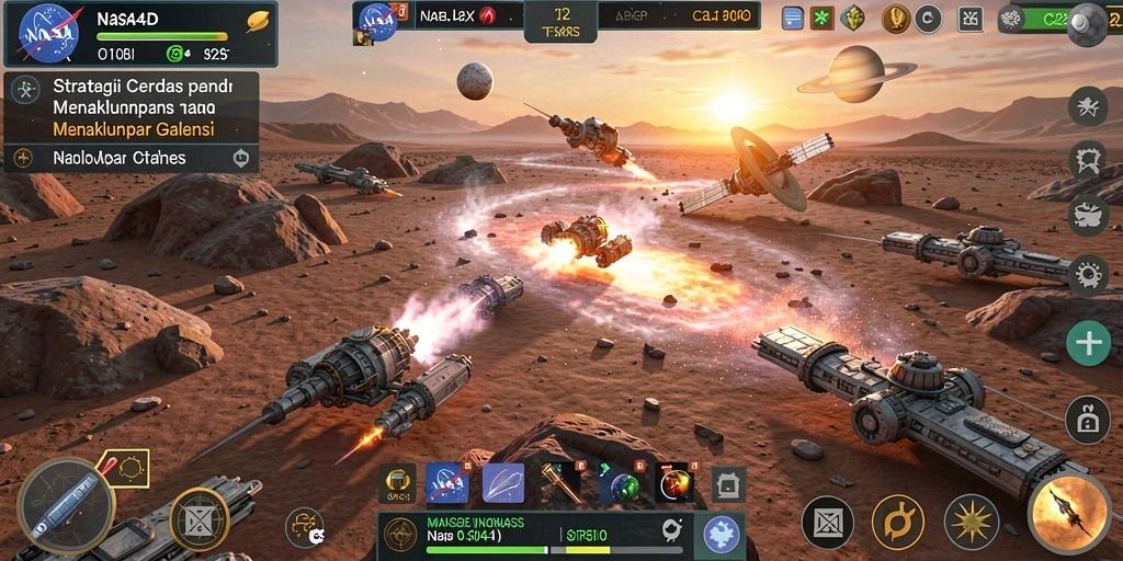 Screenshot gameplay NASA4D menampilkan pertempuran strategis yang intens.